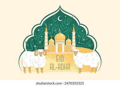 Vector greeting banner for the holy Muslim holiday. Feast of Sacrifice. Prophet Ibrahim to sacrifice his son as an act of obedience and submission to God’s command. Congratulations background.