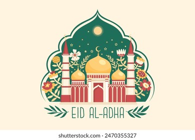 Vector greeting banner for the holy Muslim holiday. Feast of Sacrifice. Prophet Ibrahim to sacrifice his son as an act of obedience and submission to God’s command. Congratulations background.