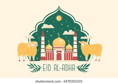 Vector greeting banner for the holy Muslim holiday. Feast of Sacrifice. Prophet Ibrahim to sacrifice his son as an act of obedience and submission to God’s command. Congratulations background.