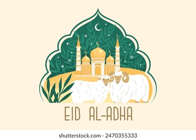 Vector greeting banner for the holy Muslim holiday. Feast of Sacrifice. Prophet Ibrahim to sacrifice his son as an act of obedience and submission to God’s command. Congratulations background.