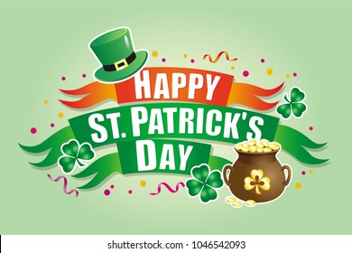 Vector greeting banner with a St. Patrick's day with ribbons, lettering, green hat, pot of gold and clover leaves