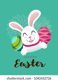 Vector Greeting banner with white Easter rabbit with long ears and colored eggs isolated in blue background. Funny bunny with easter egg cartoon. Easter Bunny. Egg hunt. Happy easter lettering 