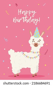 Vector greeting birthday card template. Happy cute alpaca with colour flags in party hat on pink background. Celebration illustration.