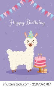 Vector greeting birthday card template. Happy cute alpaca with colour flags in birthday party hat on violet background. Celebration illustration