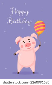 Vector greeting birthday card template. Happy cute pig with colour flags with balloon on violet background. Celebration illustration.