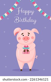 Vector greeting birthday card template. Happy cute pig with colour flags with present gift box on violet background. Celebration illustration