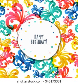 Vector greeting birthday card template with flying butterflies. Seamless nature pattern. Abstract colorful background. Design concept for holiday postcards, fabric design, flyer, banner, poster.