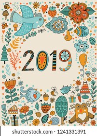 Vector greeting card, 2019 numbers, colorful numbers two, zero, one, nine. Elegant doodle background with 2018 sign. Vector flower Illustration. Happy new year
