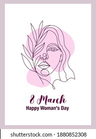 Vector greeting card 8 march happy womens day. Poster with line art porter of a girl with a branch, a beautiful woman with a laurel branch. Endless line art.