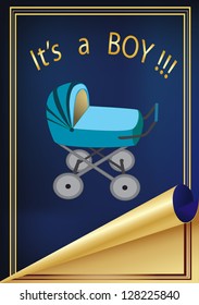 vector greeting card is about the birth of the child, with the image of carriages on the blue background with a gold frame