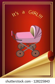 vector greeting card is about the birth of the child, with the image of carriages on the red background with a gold frame