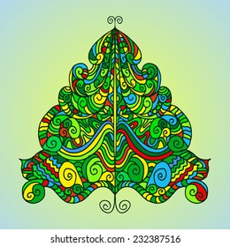 Vector greeting card with abstract colorful hand drawn pattern Christmas tree