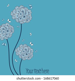 Vector greeting card with abstract flower and butterflies on a blue background.