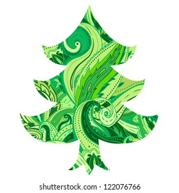Vector greeting card with abstract green paisley pattern Christmas tree