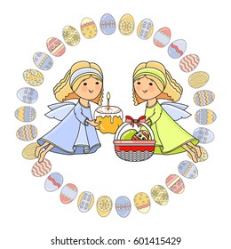 Vector Greeting card with Angel, cake, basket and egg isolated on white background. Easter poster.