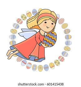 Vector Greeting card with Angel and eggs isolated on white background. Easter poster.