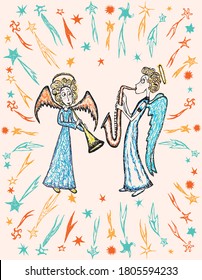 Vector greeting card with angels couple playing on trumpets