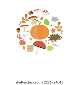 Vector greeting card with autumn elements made in a circle. Mushroom, acorn, maple leaves, pumpkin, hedgehog, umbrella highlighted on a white background. Perfect for seasonal holidays, Thanksgiving.