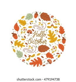 Vector greeting card with autumn elements made in circle and monoline lettering. Mushroom, acorn, maple leaves isolated on white background. Perfect for seasonal holidays, Thanksgiving Day.