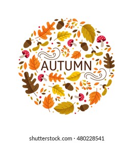 Vector greeting card with autumn elements made in circle and monoline lettering. Mushroom, acorn, maple leaves isolated on white background. Perfect for seasonal holidays, Thanksgiving Day.