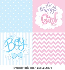 Vector greeting card. Baby shower card. Baby announcement card design element. It's a boy lettering, it's a girl lettering. Baby shower party design element.