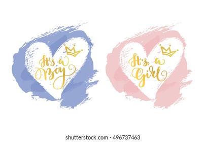 Vector greeting card, baby shower card, baby announcement card design element, it's a boy lettering, it's a girl lettering