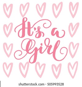Vector greeting card, baby shower card, baby announcement card design element, it's a girl lettering