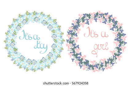 Vector greeting card. Baby shower card. Baby announcement card design element. It's a boy lettering, it's a girl lettering.