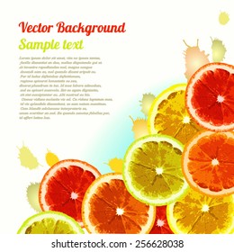 Vector greeting card, background with the image slices of orange, lemon, lime. Can be used to design advertising citrus. Space for text. 