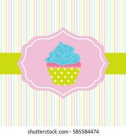 Vector greeting card for a bakery or a festive theme. Cake in a frame on striped background.