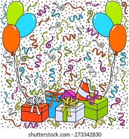 Vector greeting card. Vector balloons, gifts, confetti, congratulations, party.
