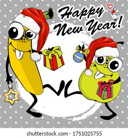 Vector greeting card with banana and pear. Santa fruits with santa hats and gifts. Postcard for your greeting text or invitation. Happy New Year.