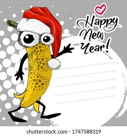 Vector greeting card with banana. Santa fruit with santa hat. Postcard for your greeting text or invitation. Happy New Year.