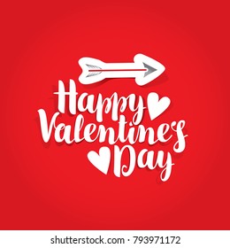 Vector greeting card or banner with calligraphic inscription Happy Valentines Day with hearts and arrow on red background