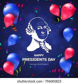 Vector greeting card or banner with George Washington silhouette and balloons to Happy Presidents Day - National american holiday. Perfect to use for advertising design and other creative projects
