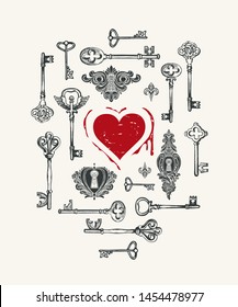 Vector greeting card or banner on the theme of love with hand-drawn vintage keys and red heart with blood in retro style. The keys to the heart.