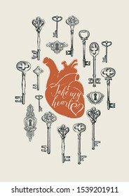 Vector greeting card or banner on the theme of love and Valentine day with hand-drawn vintage keys, keyholes and red heart with inscription in retro style. The keys to the heart.