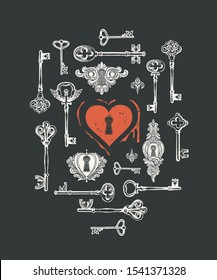 Tarjeta de saludo vectorial o pancarta sobre el tema del amor y el día de San Valentín con llaves antiguas dibujadas a mano, teclados y corazón rojo con sangre en estilo retro. Las llaves del corazón.
