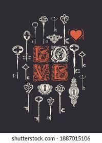 Vector greeting card or banner on a theme of love and Valentine day with hand-drawn vintage keys, keyholes and ornate initial letters L O V E on black background in retro style. The keys to the heart