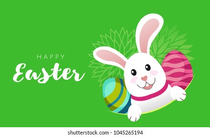 Vector Greeting card banner with white Easter rabbit and colored eggs. Funny bunny with easter egg in flat style. Easter Bunny. Egg hunt. Happy easter lettering card cute character for children