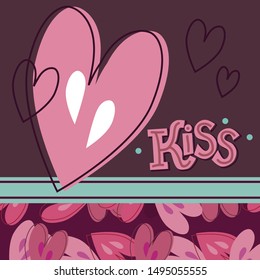 
Vector greeting card based on handmade pencil lettering. Contains an image of a large heart, a printable background and the words kiss.