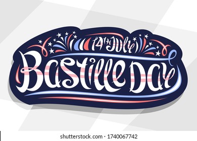 Vector greeting card for Bastille Day, blue decorative sticker with cartoon fireworks and flourishes, patriotic banner with unique brush letters for words 14th july, bastille day on grey background.