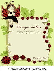 Vector greeting card with a beautiful girl and ladybirds