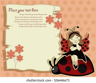 Vector greeting card with a beautiful girl and ladybird