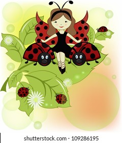 Vector greeting card with a beautiful girl and ladybirds