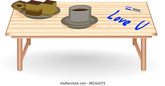 Vector greeting card with bed coffee table with cakes