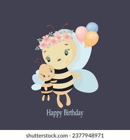 Vector greeting card with a bee on a blue background. Happy Birthday.