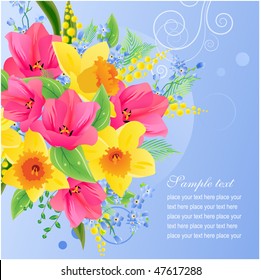 Tarjeta de saludo vectorial con un gran ramo de flores de primavera