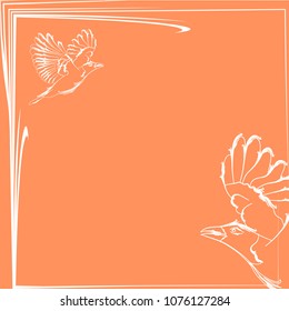 Vector greeting card with bird and crow in white on a pink background. Suitable for fabrics and holidays.
