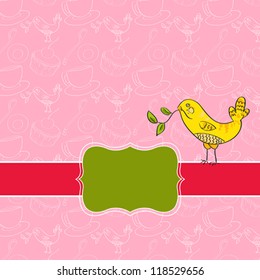 Vector greeting card with bird and place for your text on seamless hand drawn pattern, can be use for birthday card, invitation, life events greetings